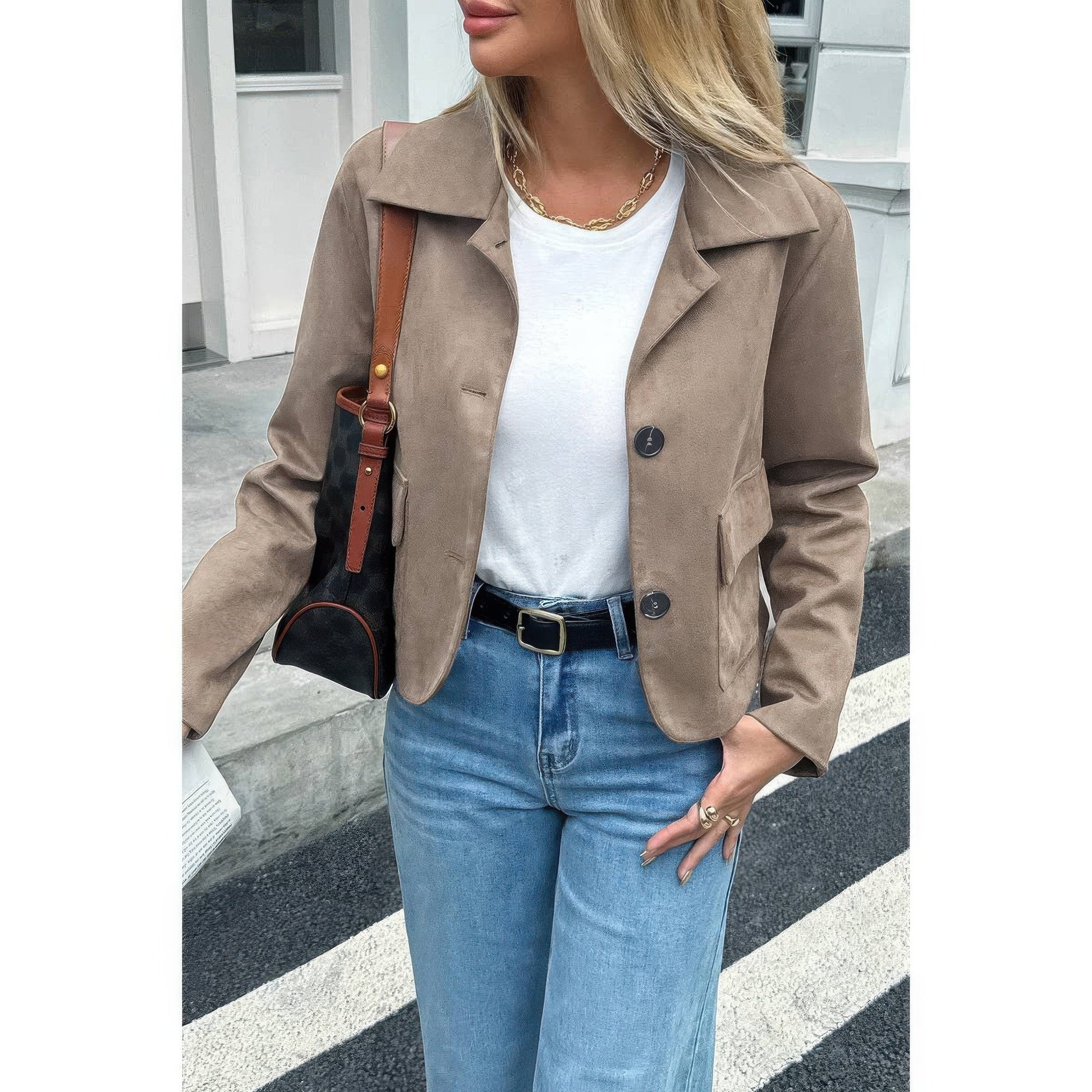 Solid Suit Lapel Faux Suede Leather Jacket - ZumBuys