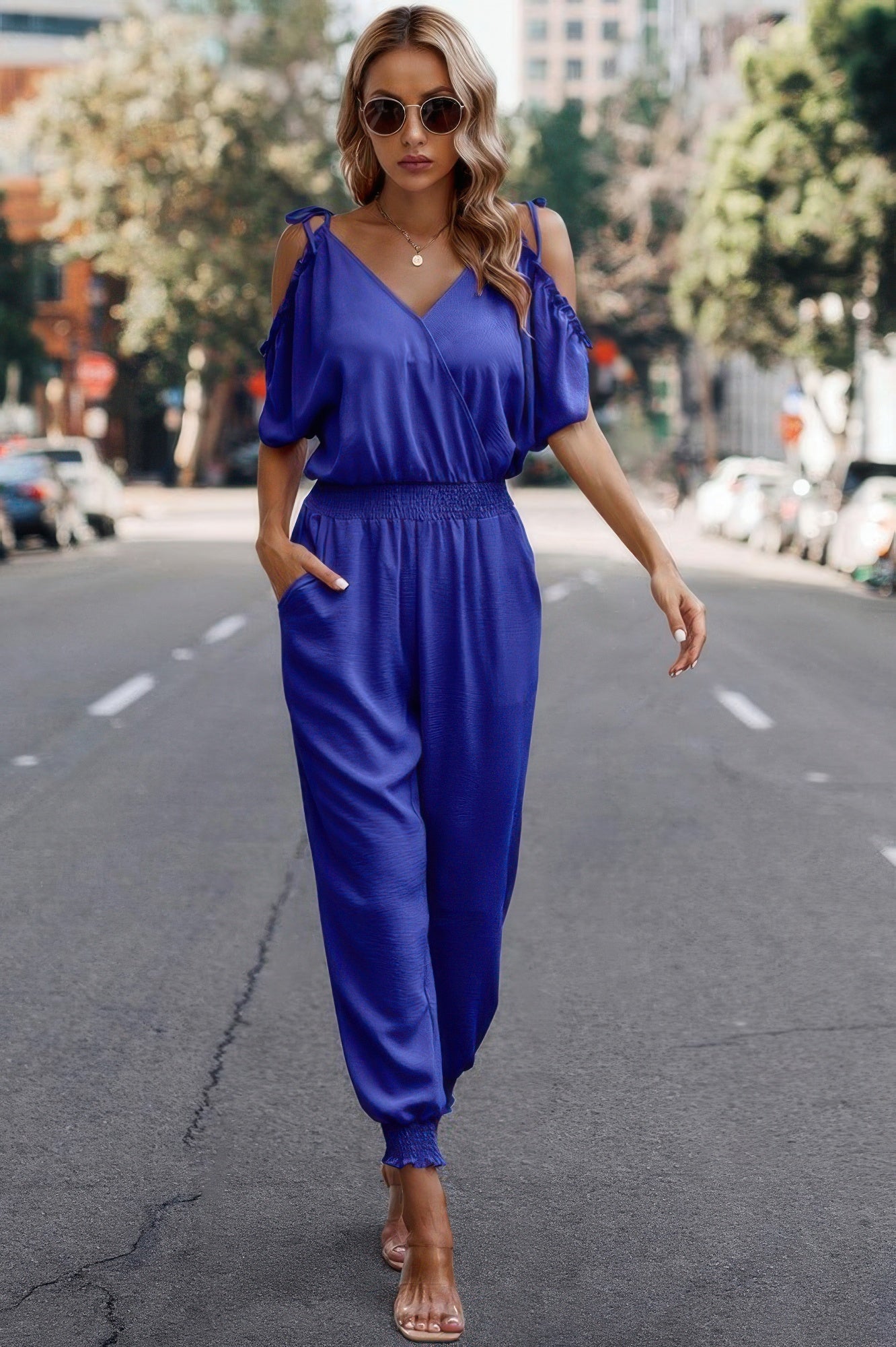 Solid Wrap V Neck Cold Shoulder Outfits Jumpsuit - ZumBuys