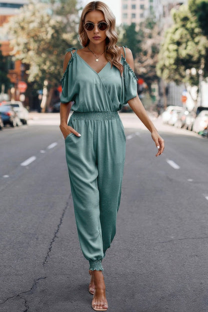 Solid Wrap V Neck Cold Shoulder Outfits Jumpsuit - ZumBuys