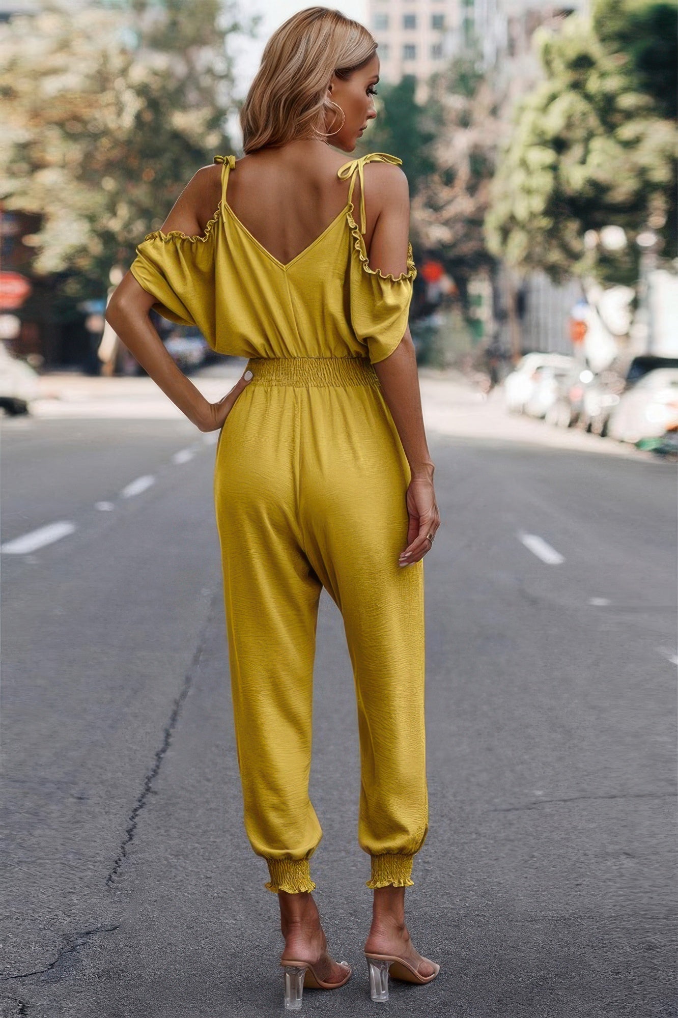 Solid Wrap V Neck Cold Shoulder Outfits Jumpsuit - ZumBuys