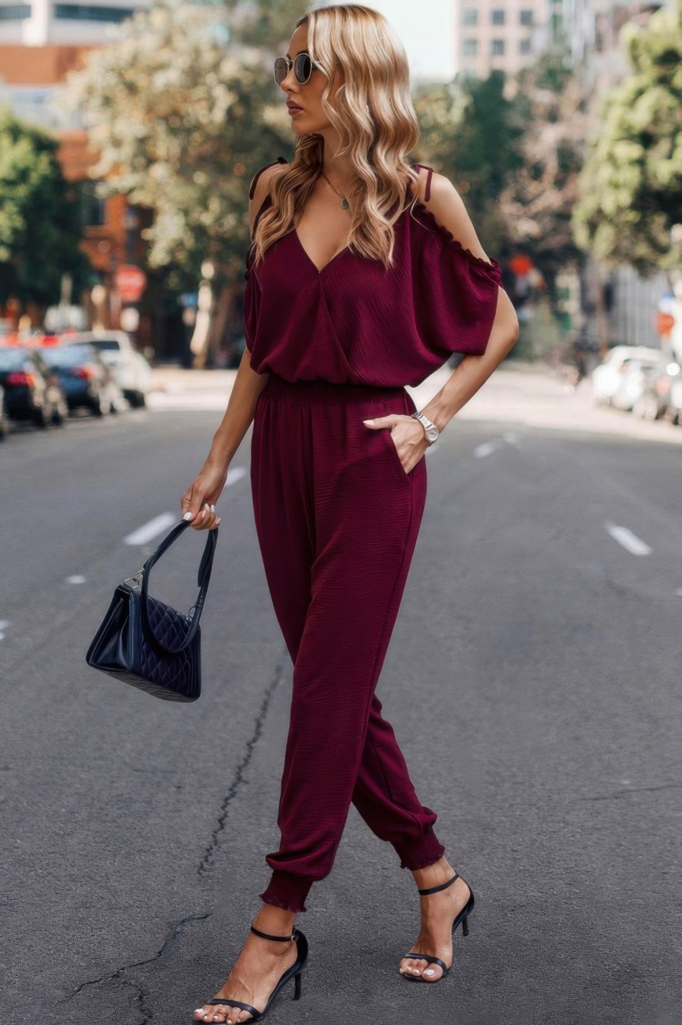 Solid Wrap V Neck Cold Shoulder Outfits Jumpsuit - ZumBuys