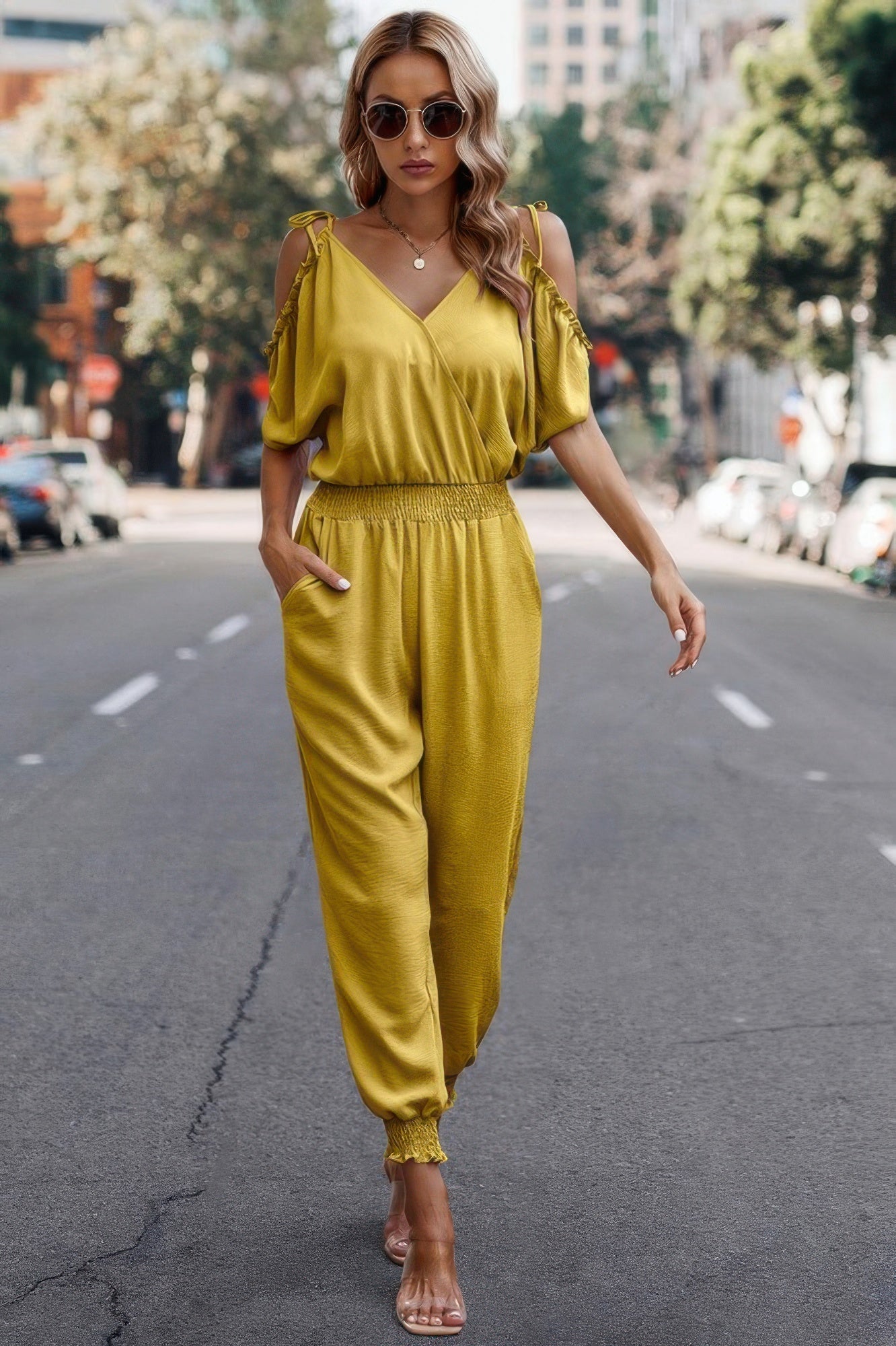 Solid Wrap V Neck Cold Shoulder Outfits Jumpsuit - ZumBuys