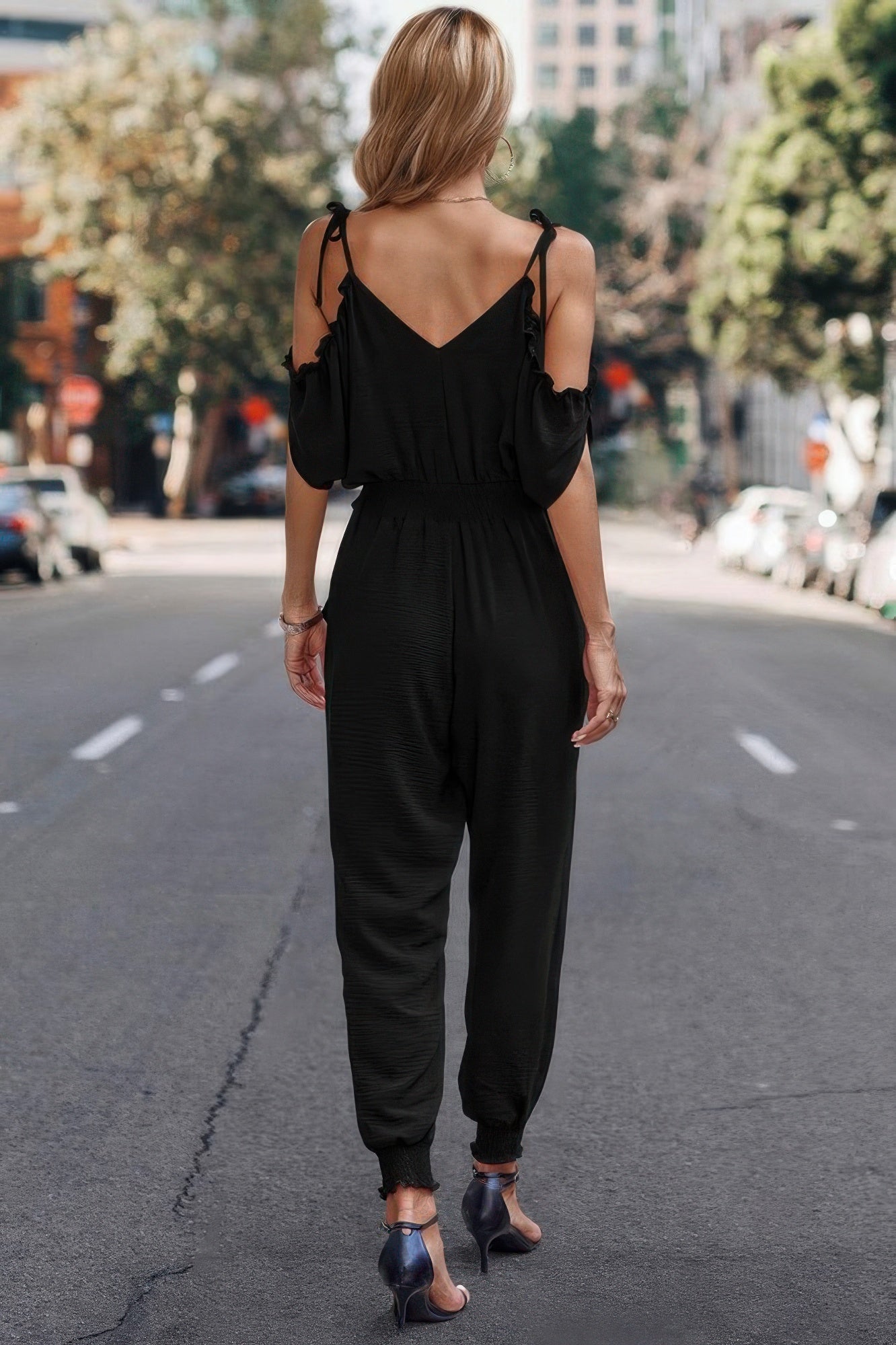 Solid Wrap V Neck Cold Shoulder Outfits Jumpsuit - ZumBuys
