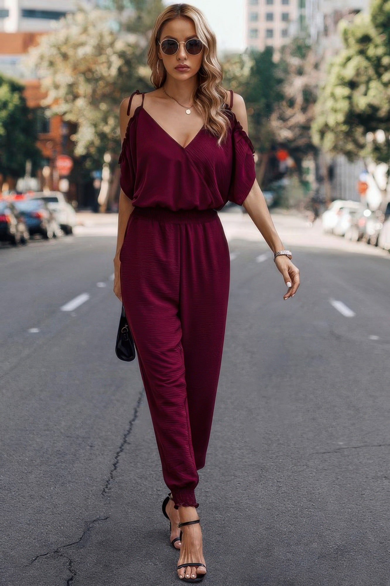 Solid Wrap V Neck Cold Shoulder Outfits Jumpsuit - ZumBuys
