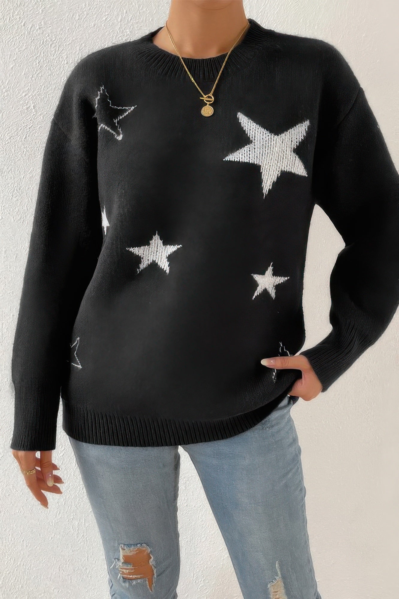 Star Print Knit Lose Fit Sweater - ZumBuys