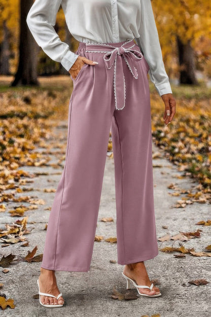 Straight Leg Elastic High Waist Lace Tie Trim Pant - ZumBuys