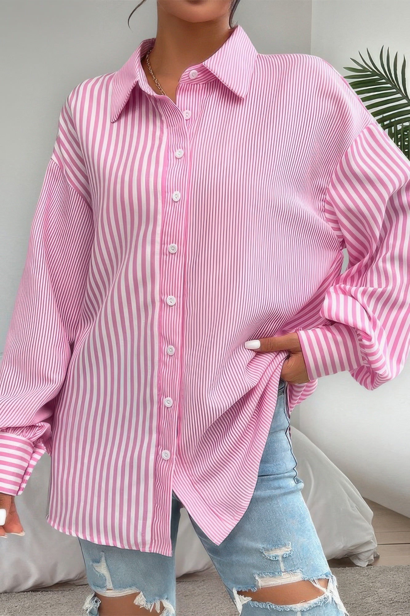 Stripe Print Button Down Long Sleeve Collar Shirt - ZumBuys