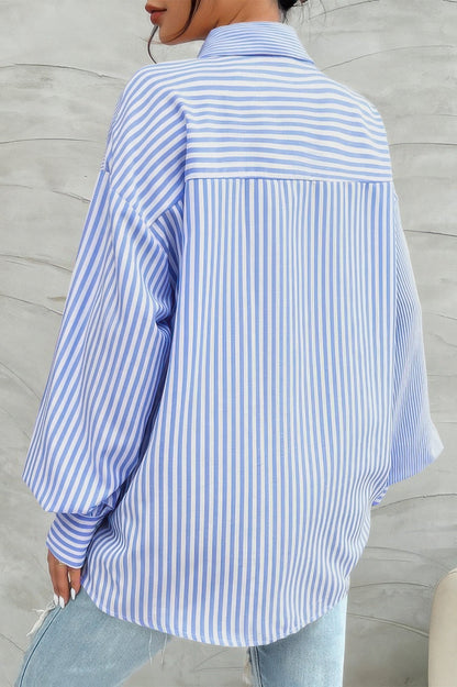 Stripe Print Button Down Long Sleeve Collar Shirt - ZumBuys