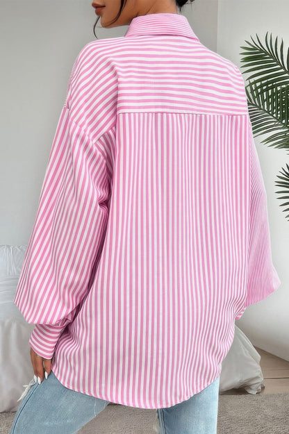 Stripe Print Button Down Long Sleeve Collar Shirt - ZumBuys