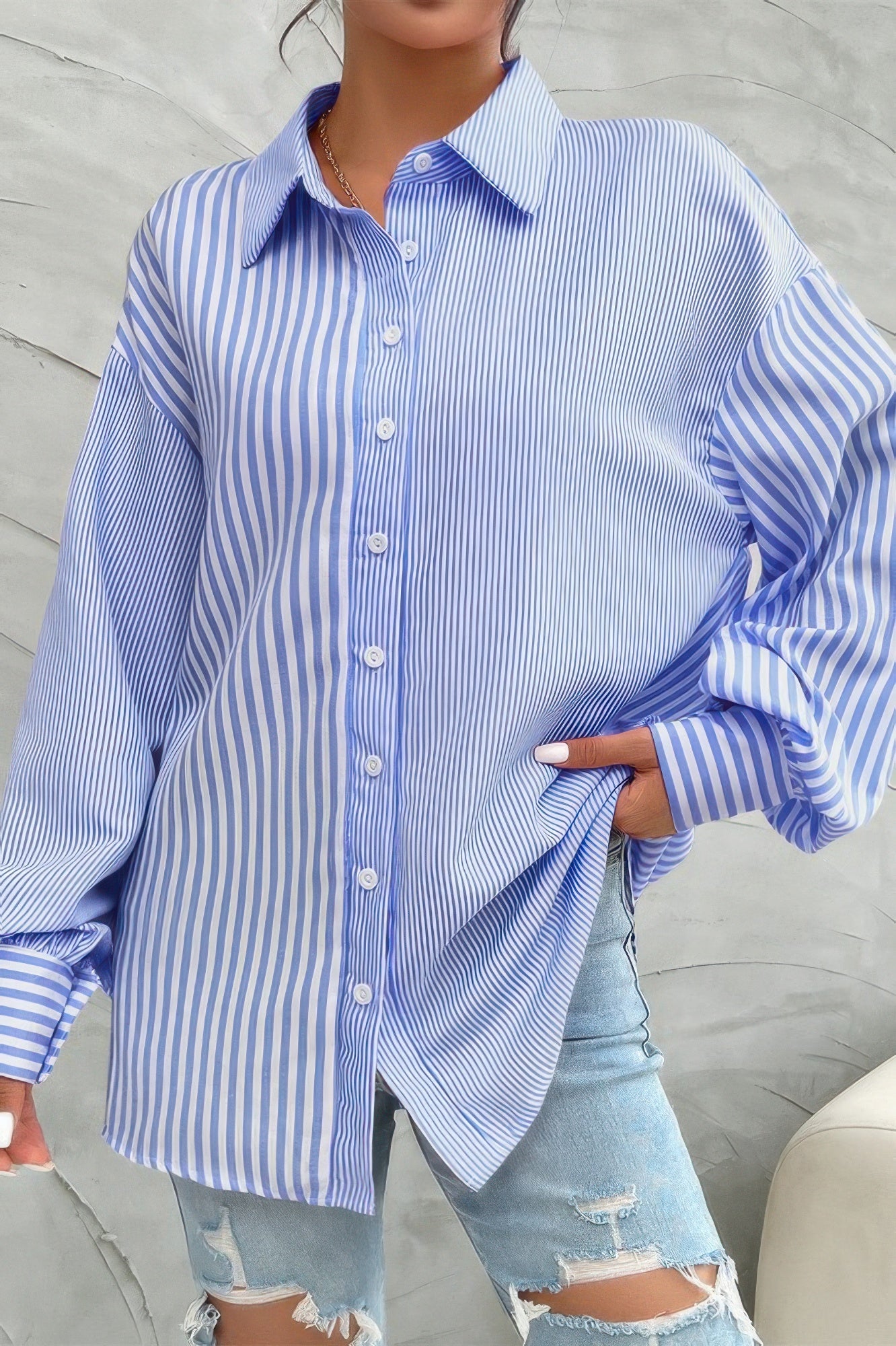 Stripe Print Button Down Long Sleeve Collar Shirt - ZumBuys