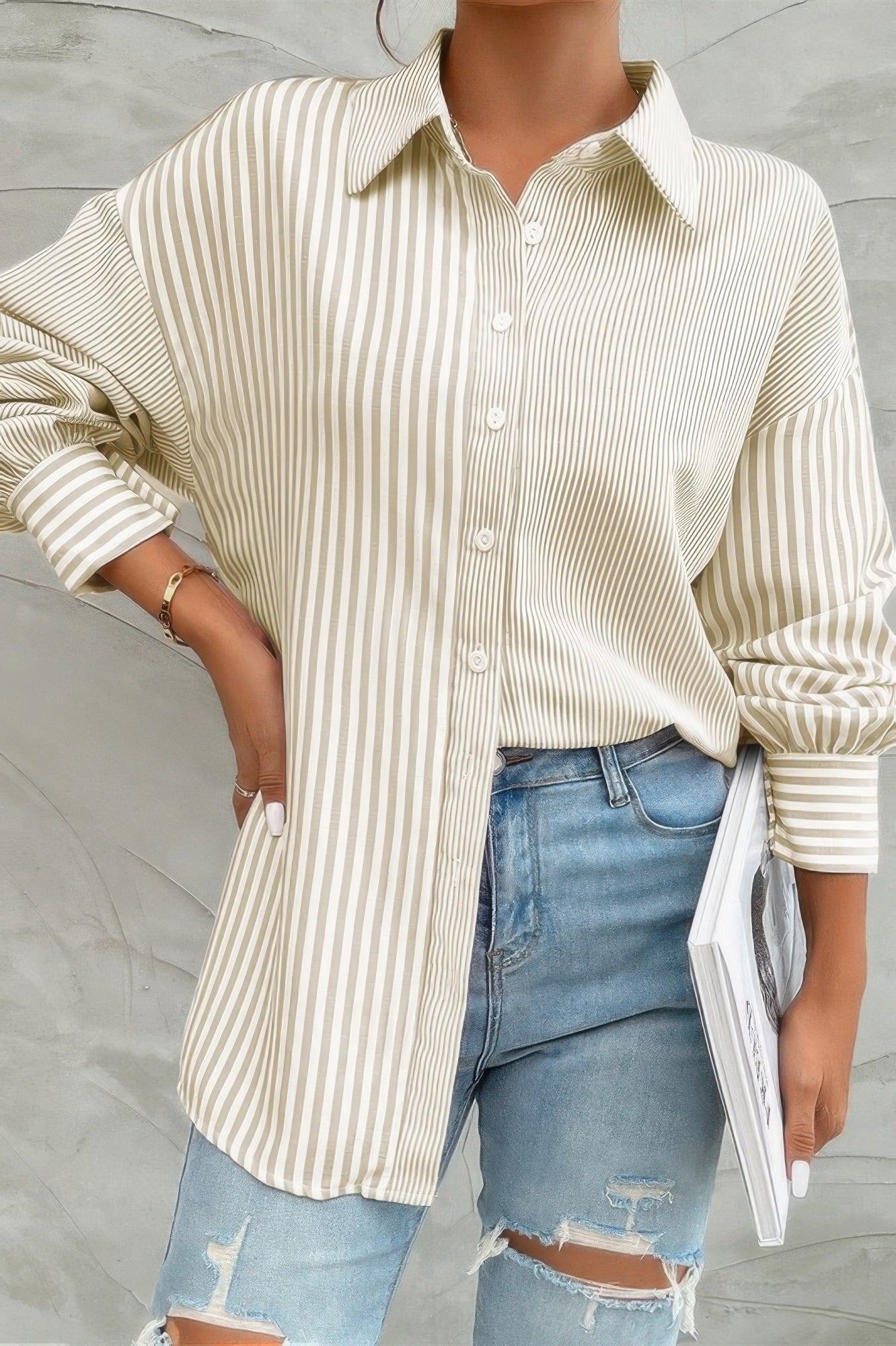 Stripe Print Button Down Long Sleeve Collar Shirt - ZumBuys