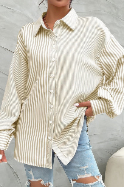 Stripe Print Button Down Long Sleeve Collar Shirt - ZumBuys