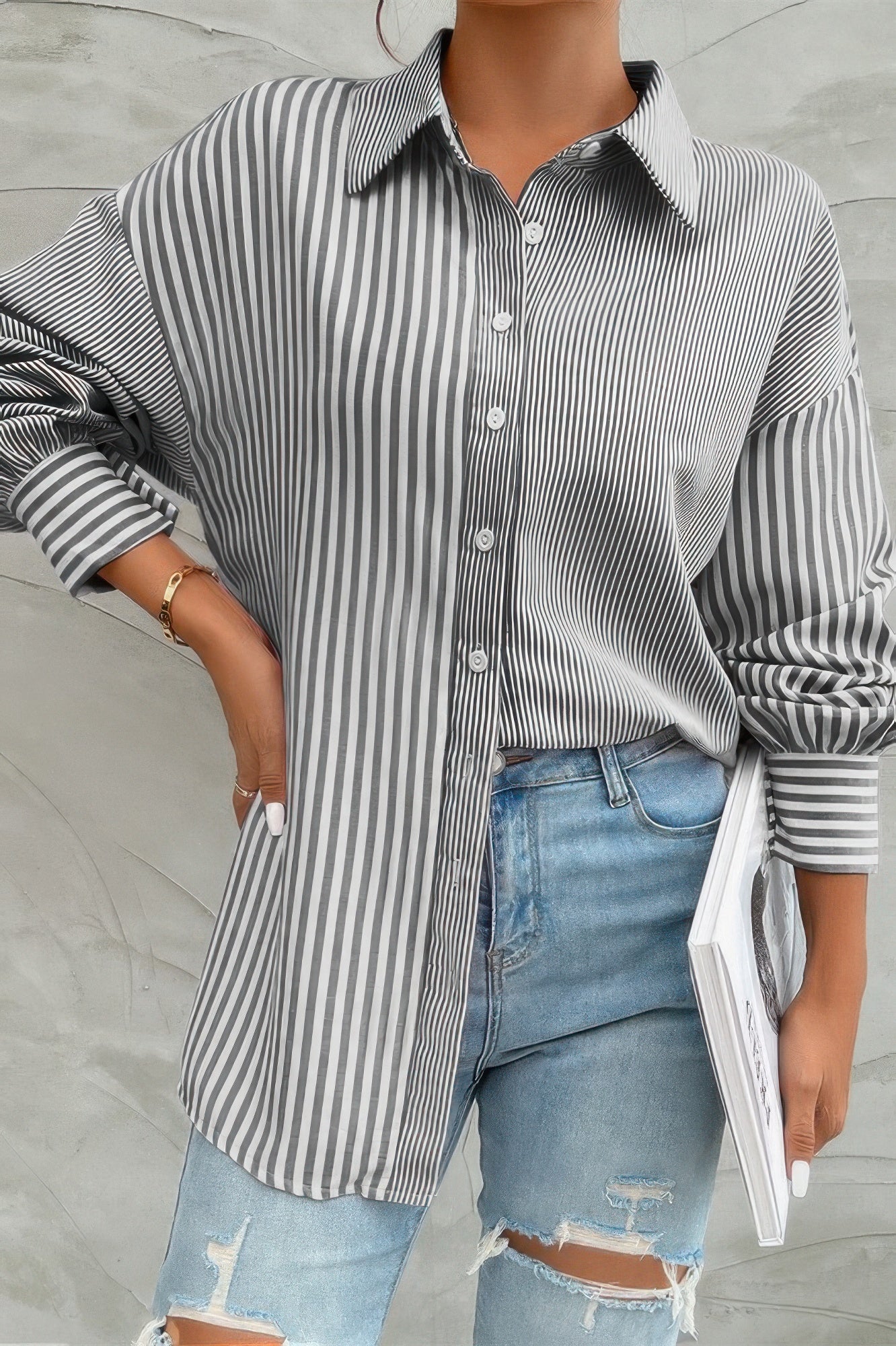 Stripe Print Button Down Long Sleeve Collar Shirt - ZumBuys