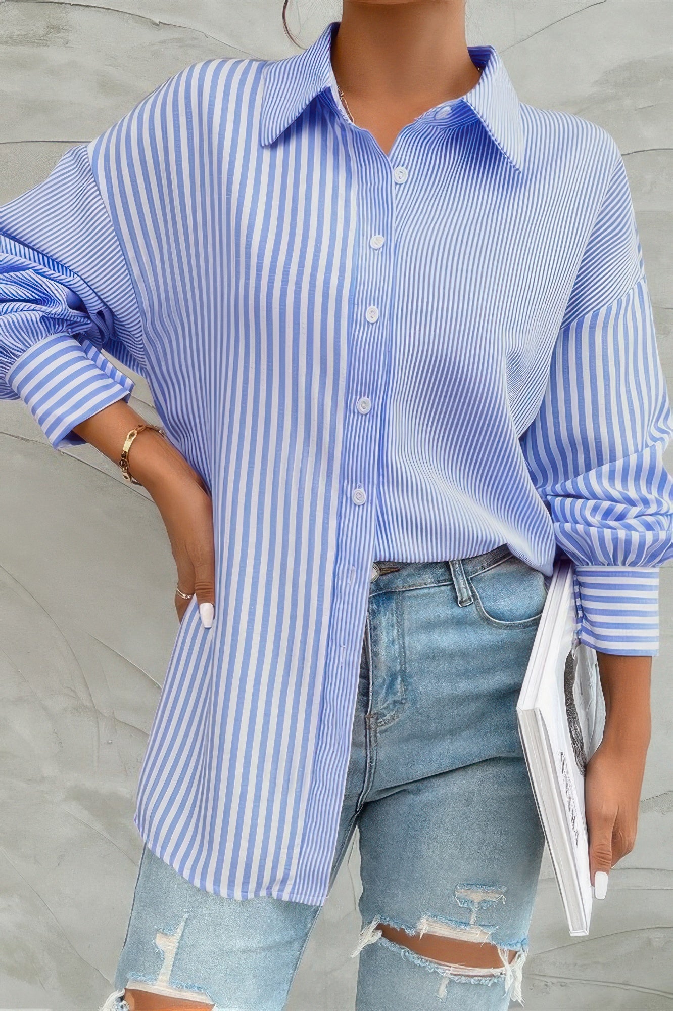 Stripe Print Button Down Long Sleeve Collar Shirt - ZumBuys