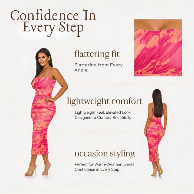 Sunset Bloom Mesh Dress for Women | Ruched Bodycon Midi Dress - ZumBuys