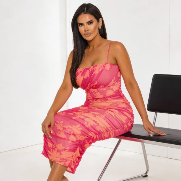 Sunset Bloom Mesh Dress for Women | Ruched Bodycon Midi Dress - ZumBuys