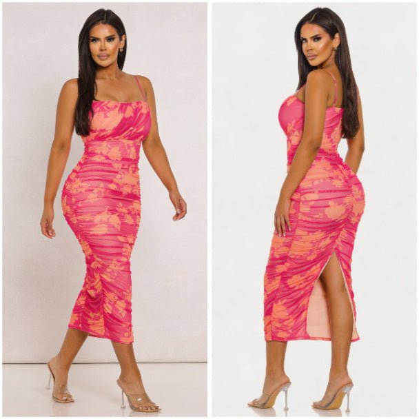Sunset Bloom Mesh Dress for Women | Ruched Bodycon Midi Dress - ZumBuys