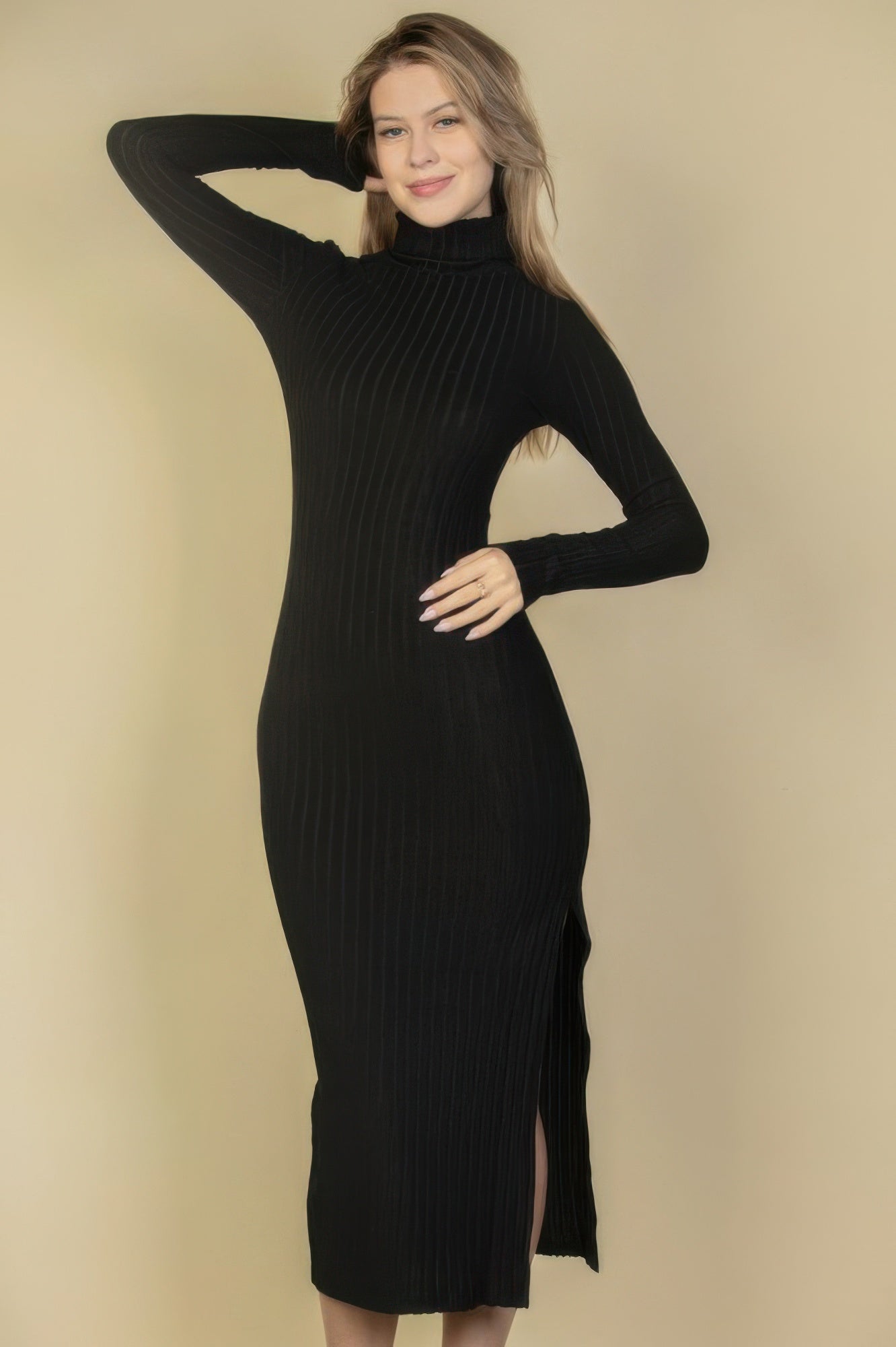 Sweater - knit Fuzzy Turtle Neck Split Thigh Dress - ZumBuys