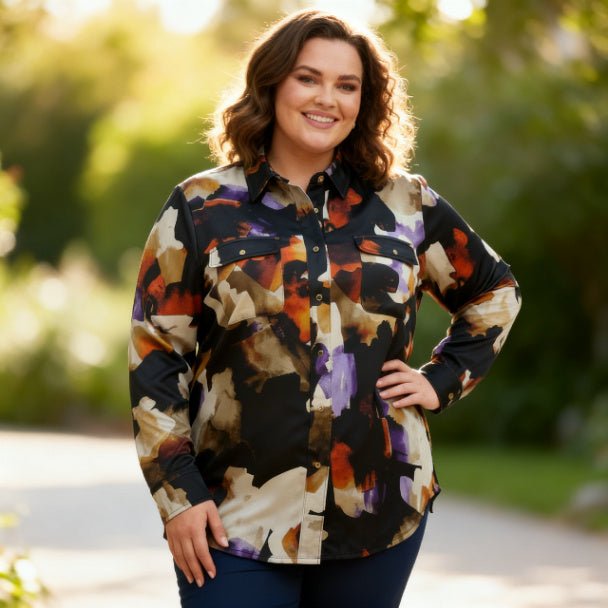 Thomas & Olivia Plus Size Printed Blouse – Button Down Stretch Shirt - ZumBuys