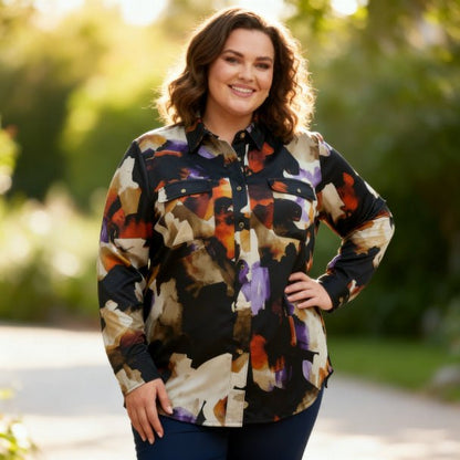 Thomas & Olivia Plus Size Printed Blouse – Button Down Stretch Shirt - ZumBuys