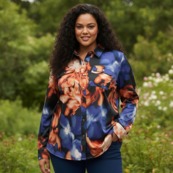 Thomas & Olivia Plus Size Printed Blouse – Button Down Stretch Shirt - ZumBuys