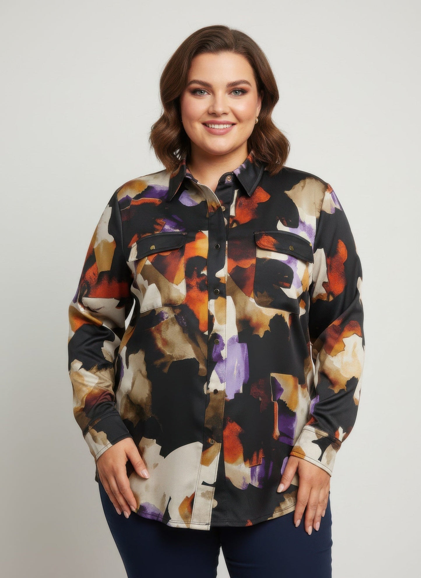 Thomas & Olivia Plus Size Printed Blouse – Button Down Stretch Shirt - ZumBuys