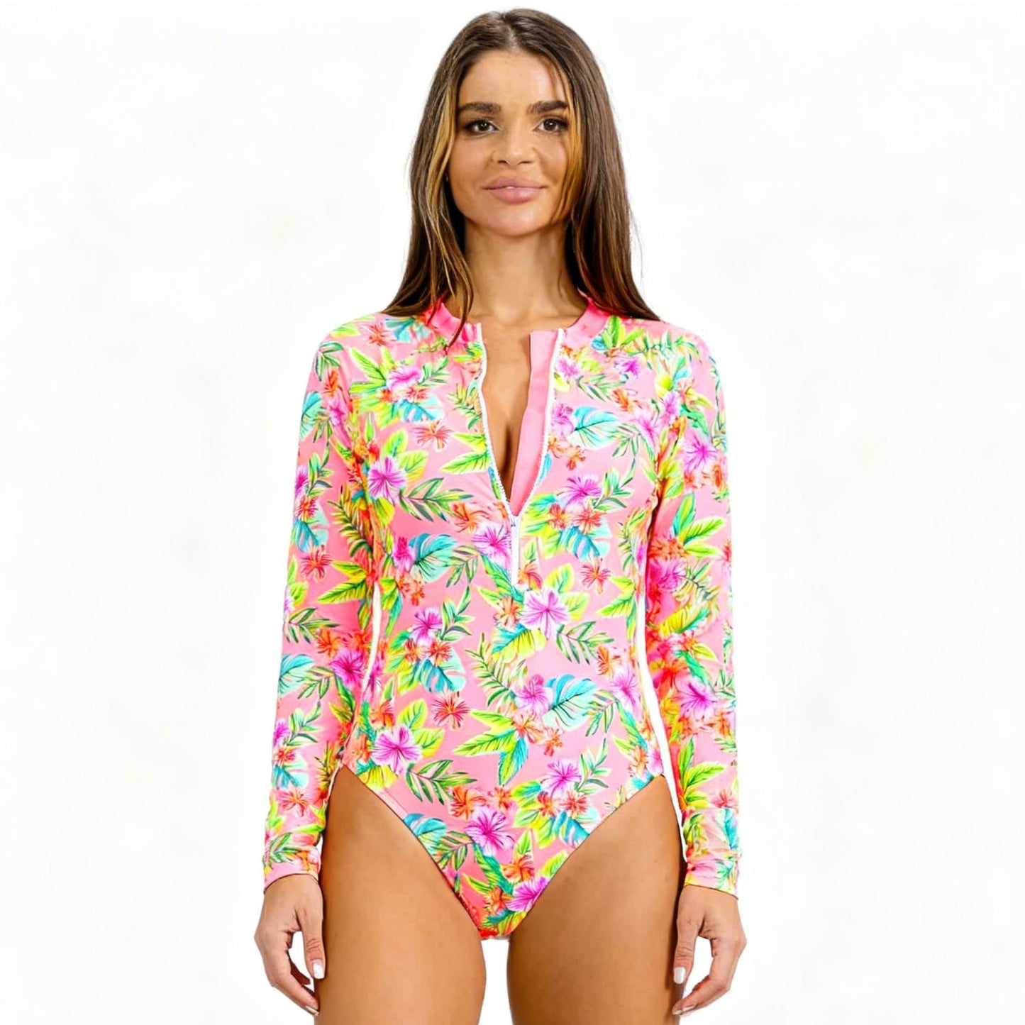 Tropical Long Sleeve Swimsuit | Floral Zip Front - ZumBuys