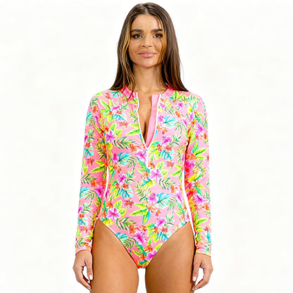 Tropical Long Sleeve Swimsuit | Floral Zip Front - ZumBuys