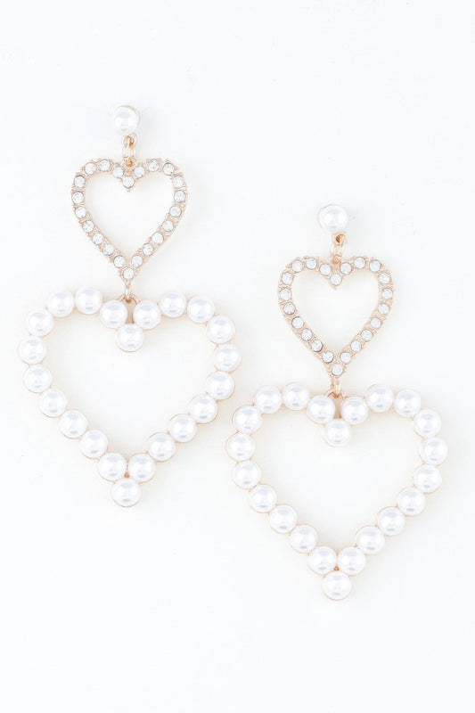 Twin Pearl Jewel Heart Drop Earrings - ZumBuys