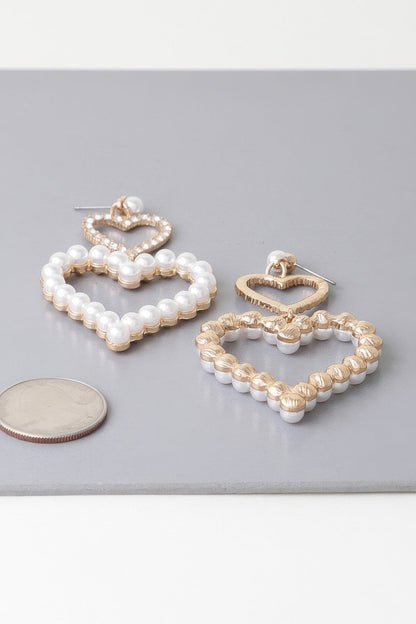 Twin Pearl Jewel Heart Drop Earrings - ZumBuys