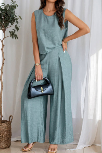 Two Pieces Solid Tank Wide Leg Pants Set - ZumBuys