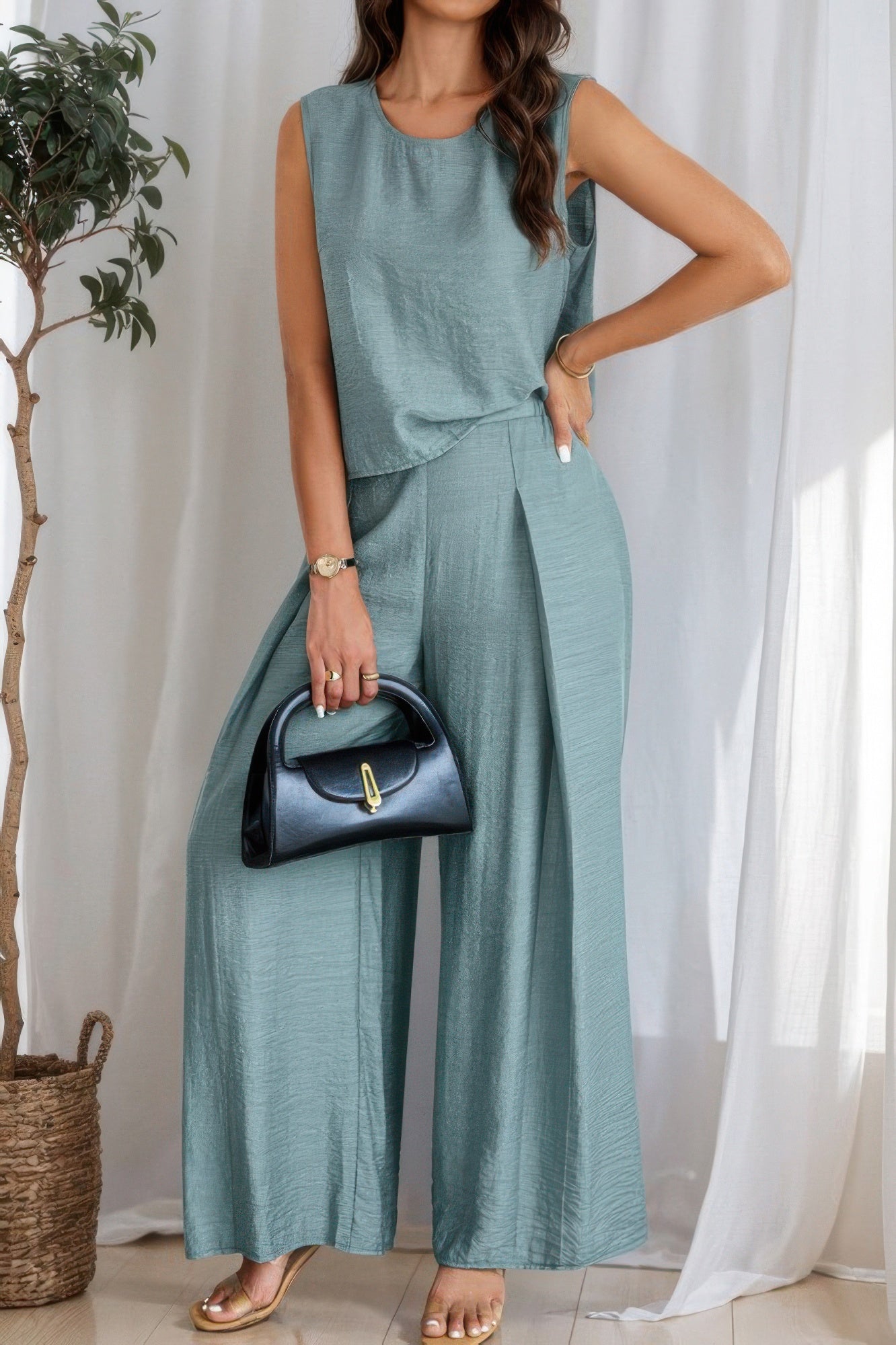 Two Pieces Solid Tank Wide Leg Pants Set - ZumBuys