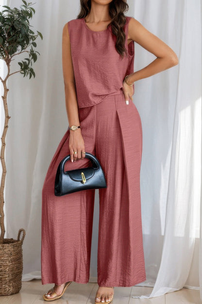 Two Pieces Solid Tank Wide Leg Pants Set - ZumBuys