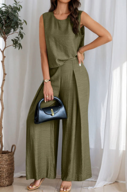 Two Pieces Solid Tank Wide Leg Pants Set - ZumBuys