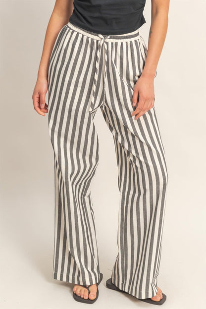 Vertical Striped Elastic Waist Wide - Leg Pants for Women – Casual Drawstring Pants - ZumBuys