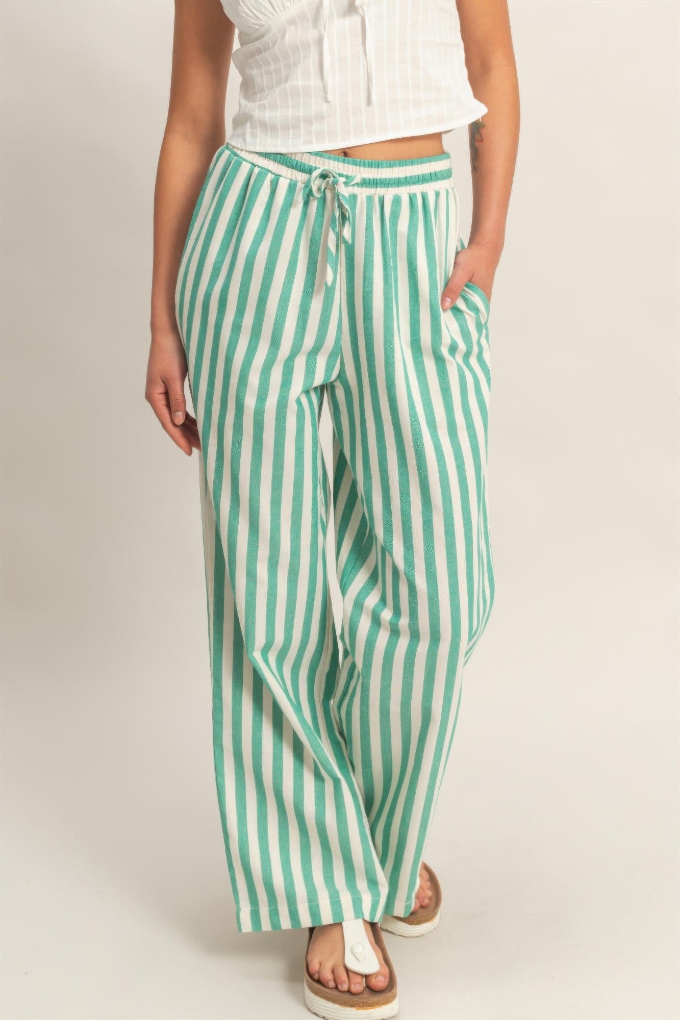 Vertical Striped Elastic Waist Wide - Leg Pants for Women – Casual Drawstring Pants - ZumBuys