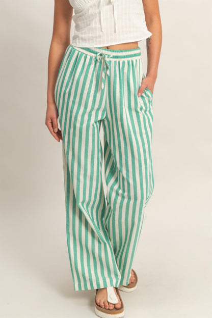 Vertical Striped Elastic Waist Wide - Leg Pants for Women – Casual Drawstring Pants - ZumBuys