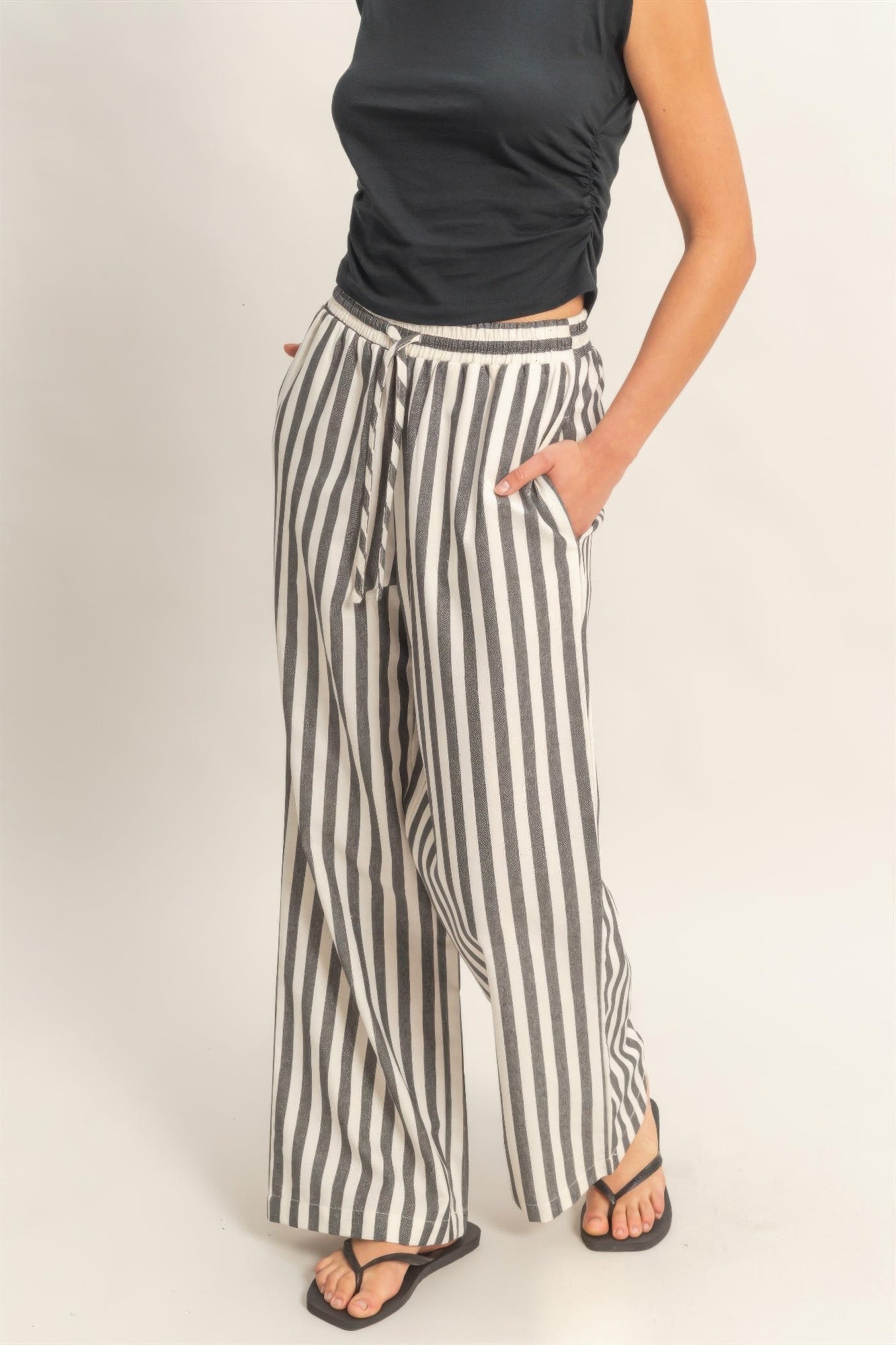 Vertical Striped Elastic Waist Wide - Leg Pants for Women – Casual Drawstring Pants - ZumBuys