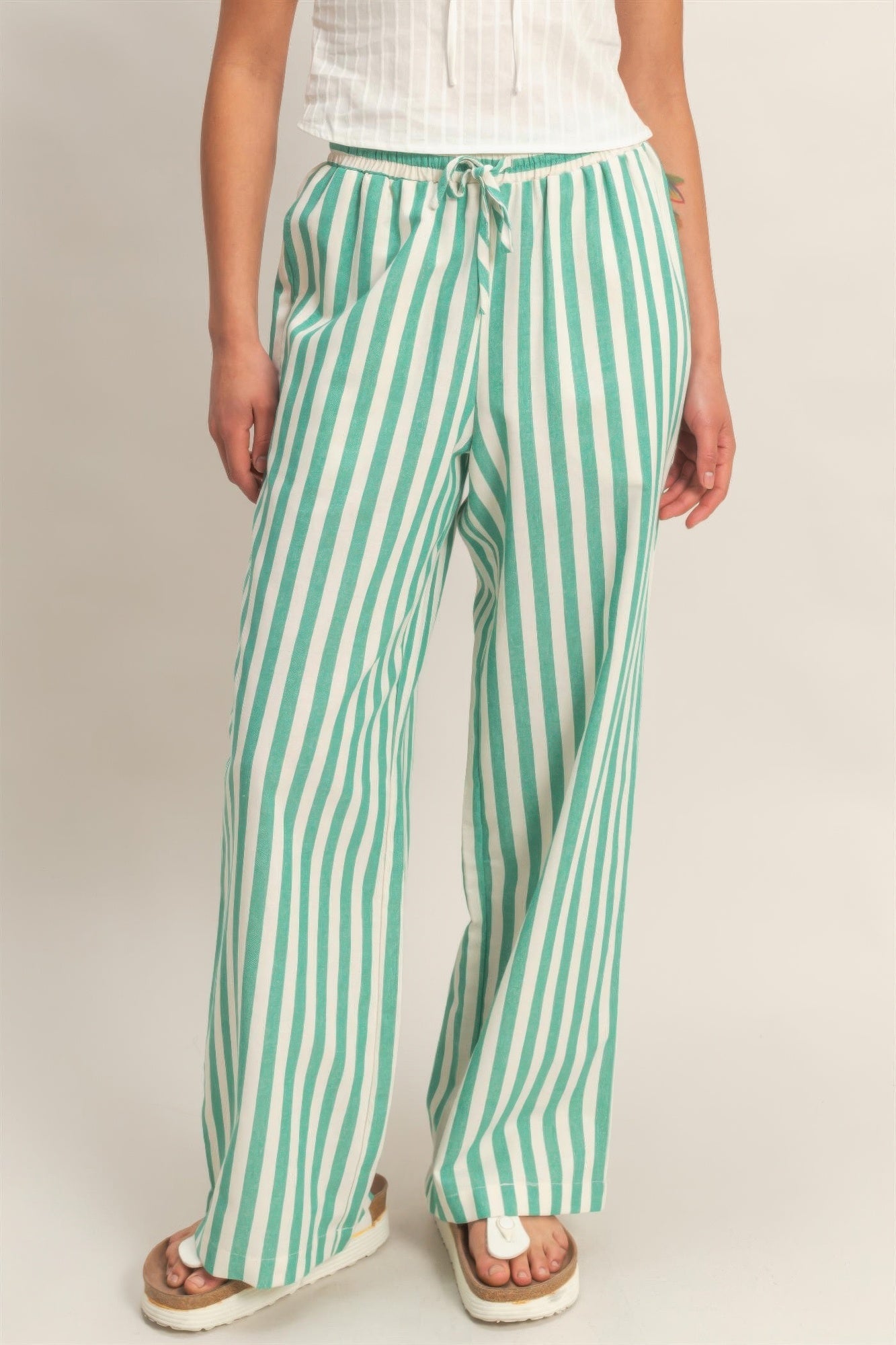 Vertical Striped Elastic Waist Wide - Leg Pants for Women – Casual Drawstring Pants - ZumBuys