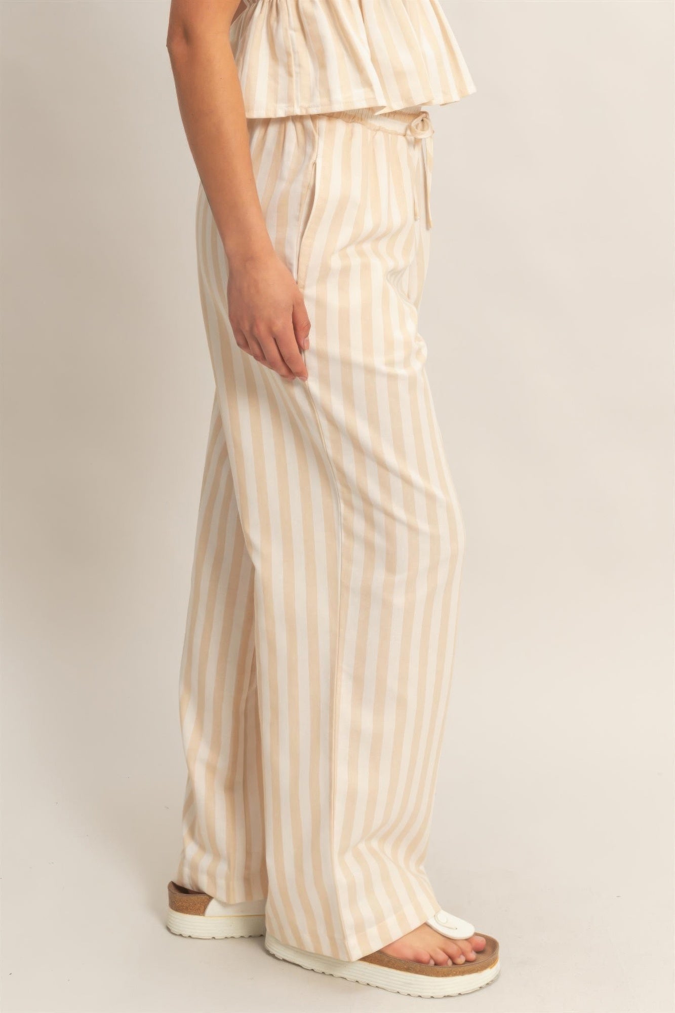 Vertical Striped Elastic Waist Wide - Leg Pants for Women – Casual Drawstring Pants - ZumBuys