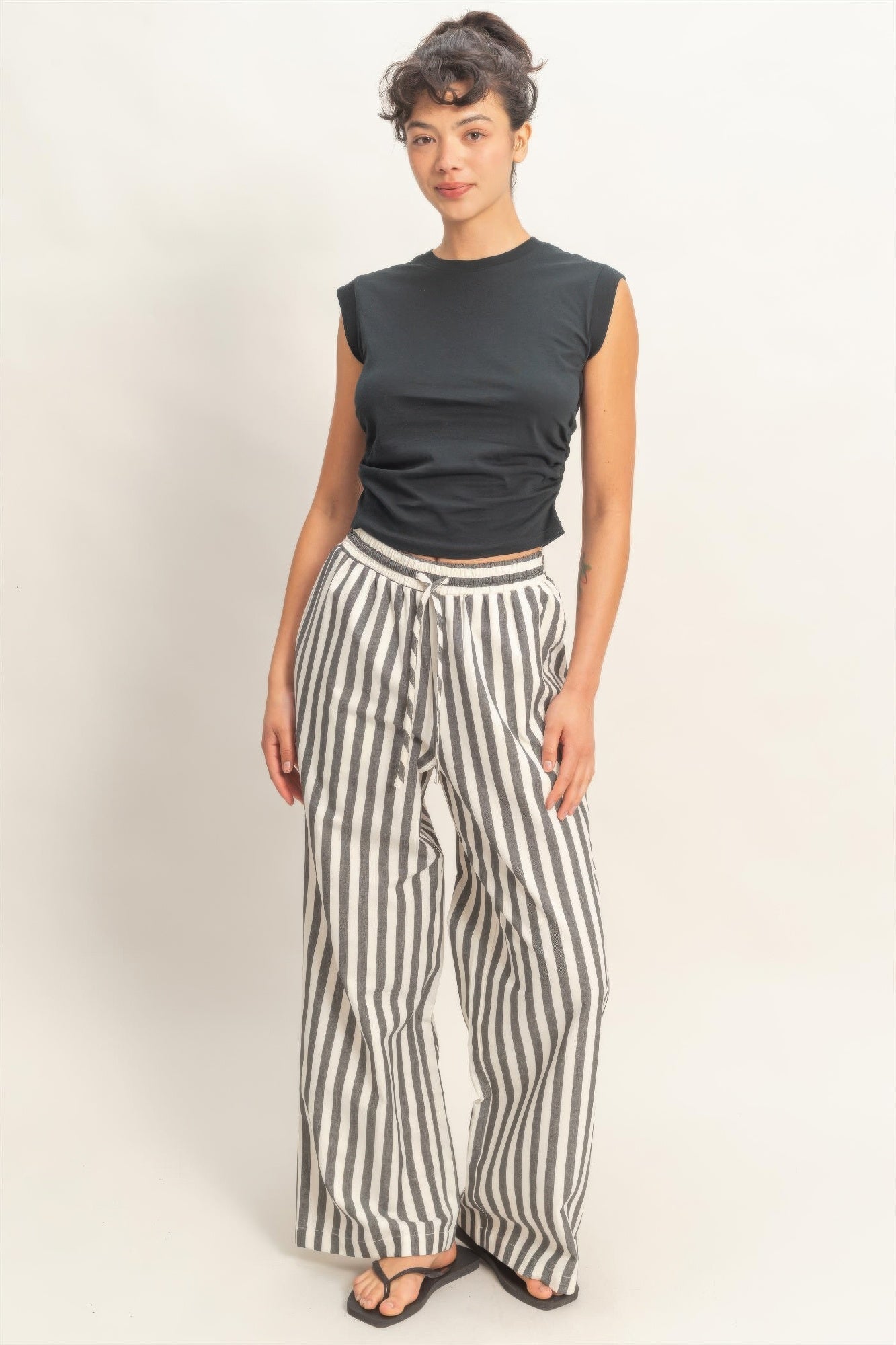 Vertical Striped Elastic Waist Wide - Leg Pants for Women – Casual Drawstring Pants - ZumBuys