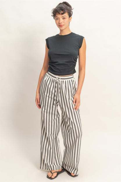 Vertical Striped Elastic Waist Wide - Leg Pants for Women – Casual Drawstring Pants - ZumBuys
