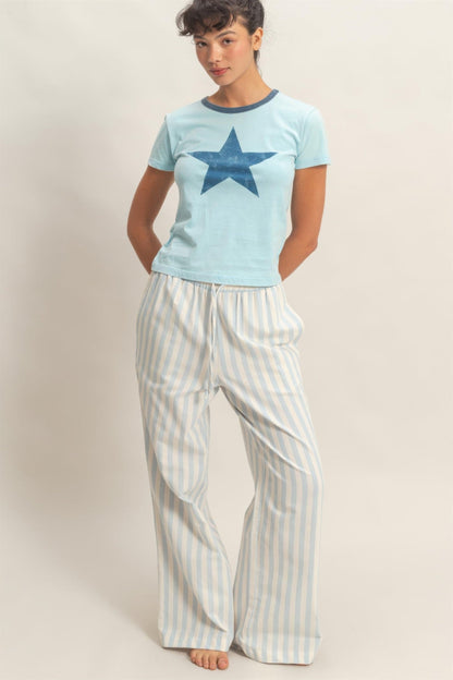 Vertical Striped Elastic Waist Wide - Leg Pants for Women – Casual Drawstring Pants - ZumBuys