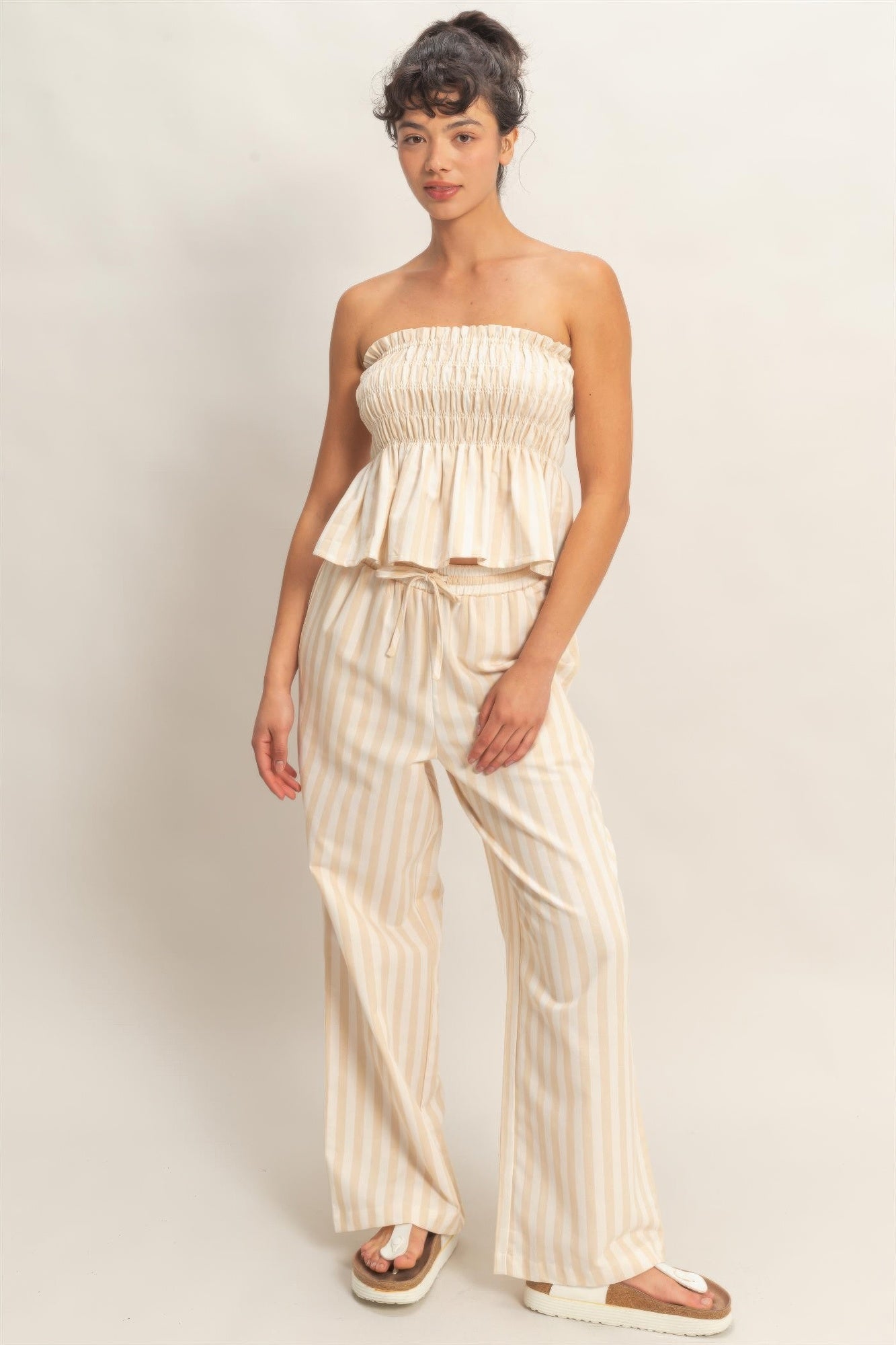 Vertical Striped Elastic Waist Wide - Leg Pants for Women – Casual Drawstring Pants - ZumBuys