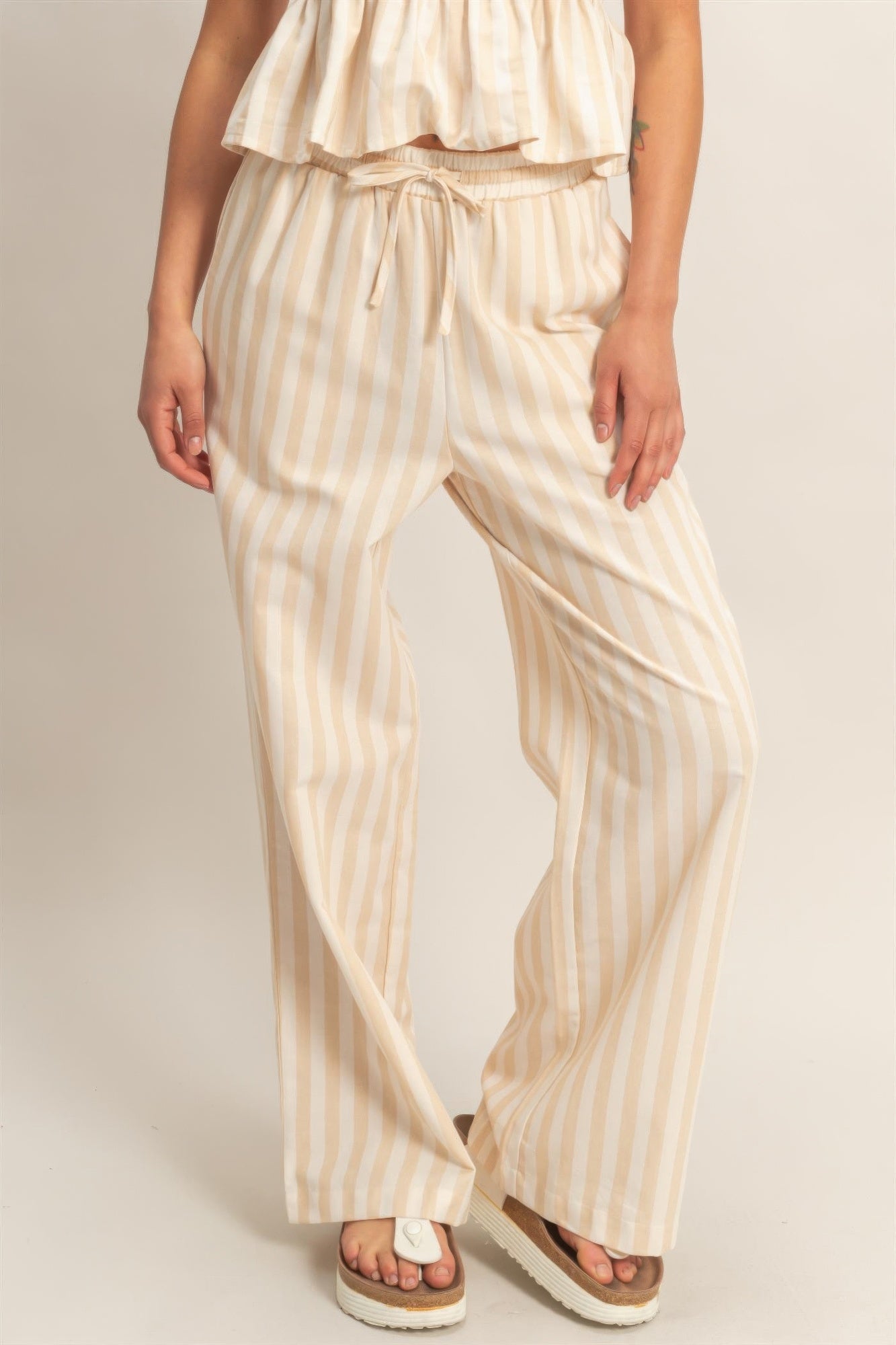 Vertical Striped Elastic Waist Wide - Leg Pants for Women – Casual Drawstring Pants - ZumBuys
