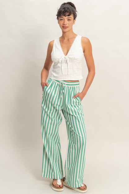 Vertical Striped Elastic Waist Wide - Leg Pants for Women – Casual Drawstring Pants - ZumBuys