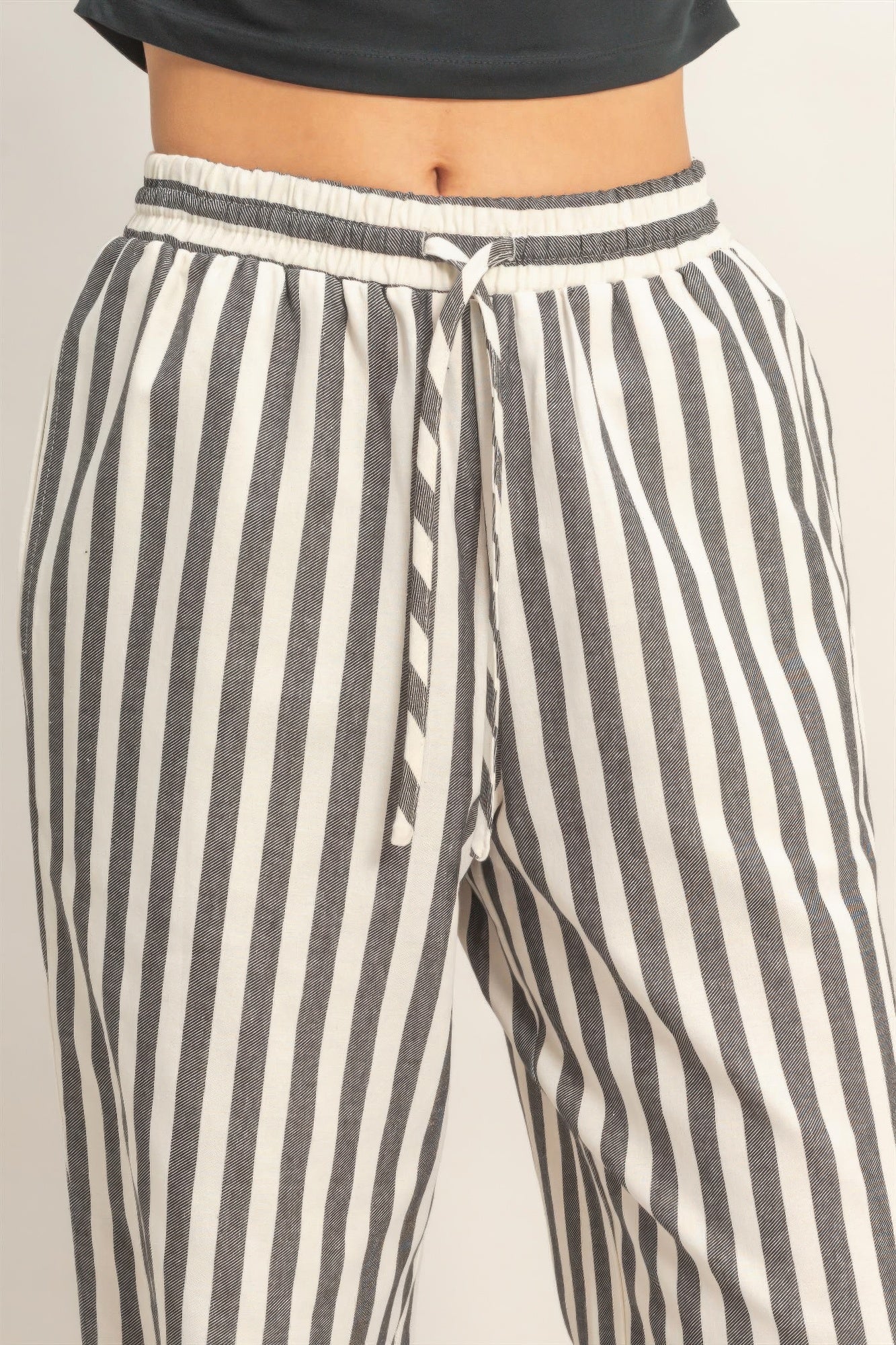 Vertical Striped Elastic Waist Wide - Leg Pants for Women – Casual Drawstring Pants - ZumBuys