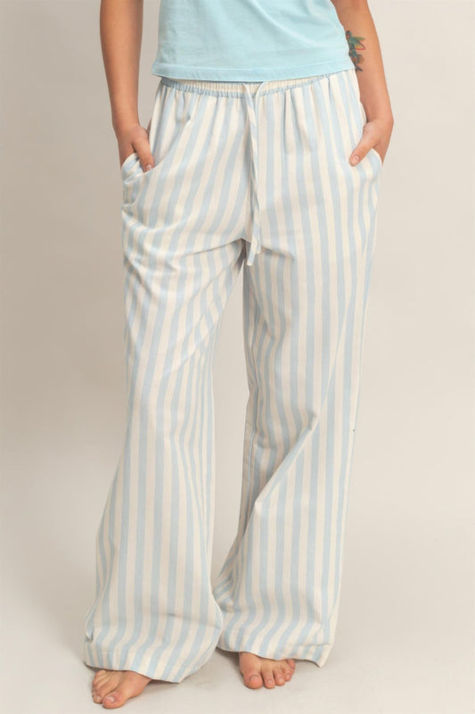 Vertical Striped Elastic Waist Wide - Leg Pants for Women – Casual Drawstring Pants - ZumBuys