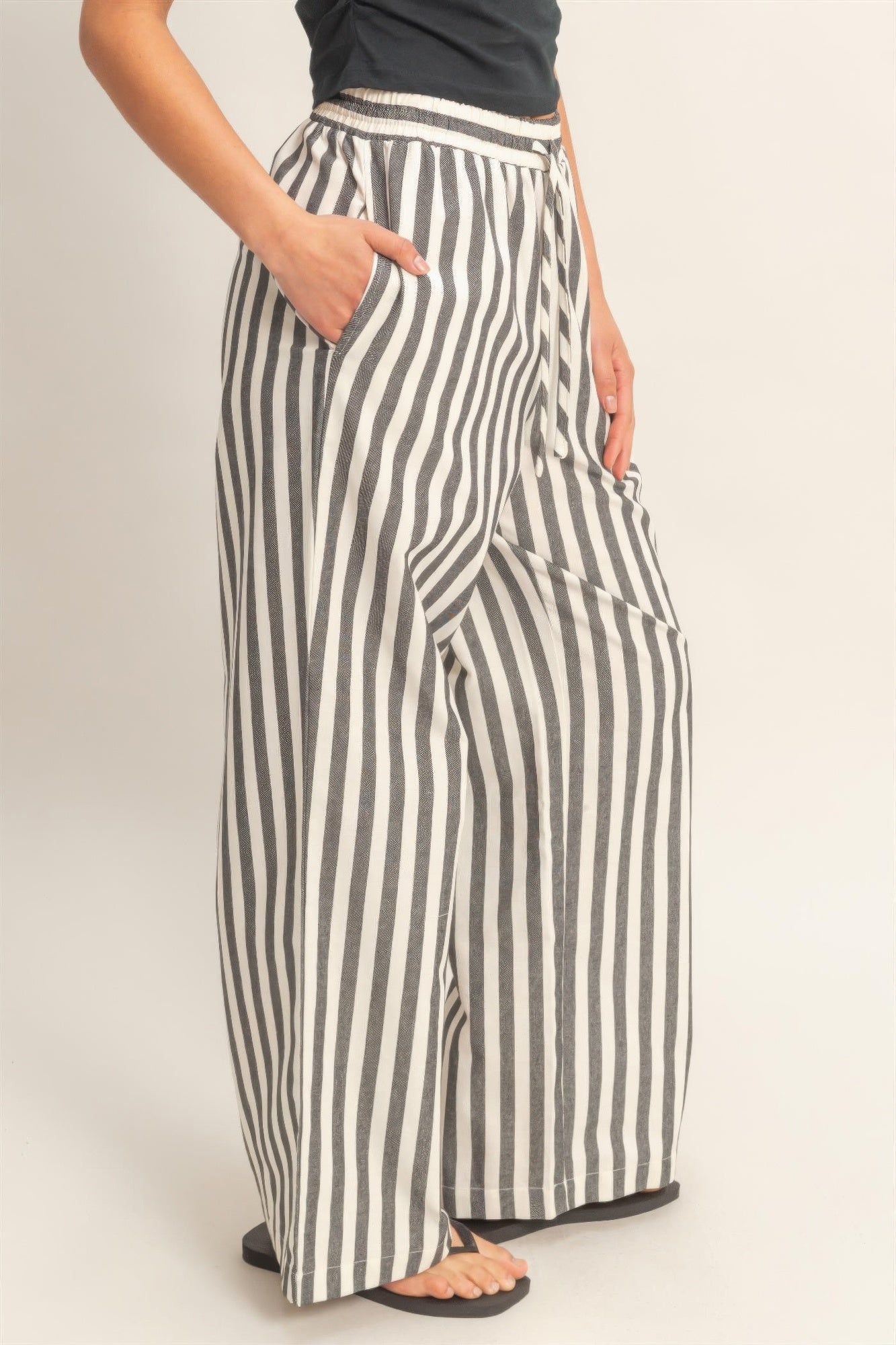 Vertical Striped Elastic Waist Wide - Leg Pants for Women – Casual Drawstring Pants - ZumBuys