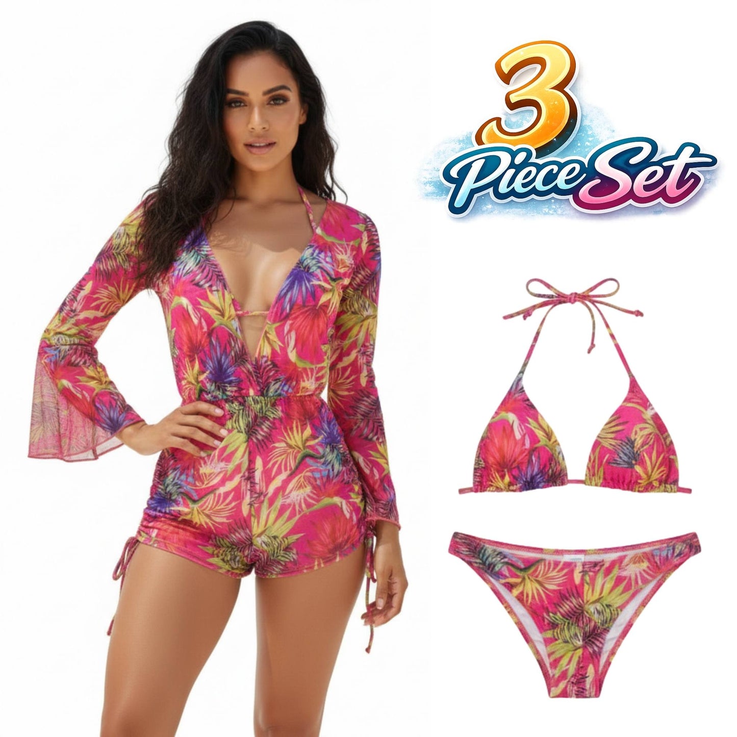 Vibrant Tropical Print 3 - piece Bikini & Mesh - ZumBuys